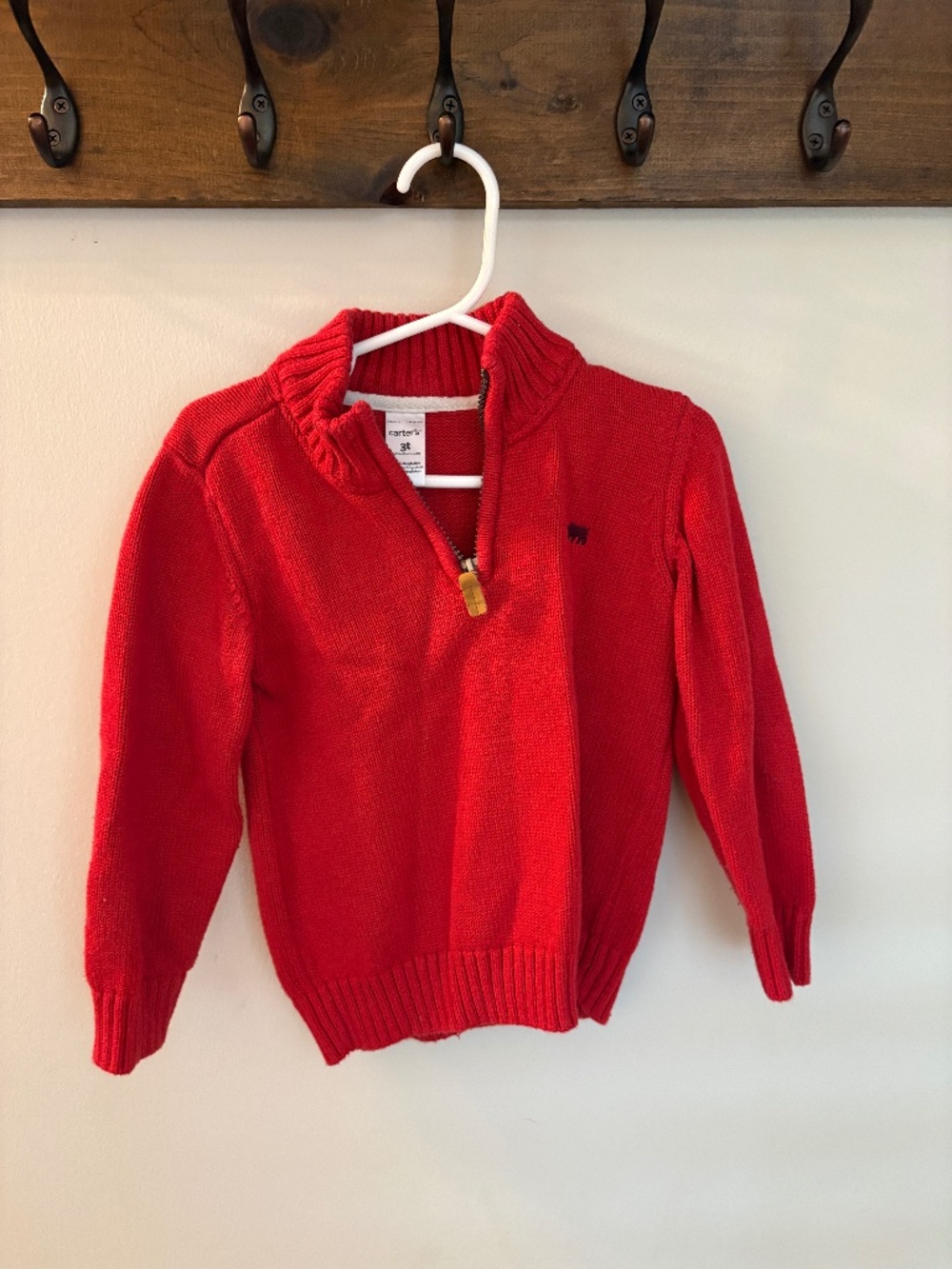 Carter's Toddler Boy Quarter Zip Sweater 3T Red Bear Logo Cotton Knit